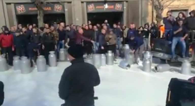 Protesta latte in Sardegna. Grida e latte versato davanti alla sede del Consorzio Pecorino Romano a Macomer