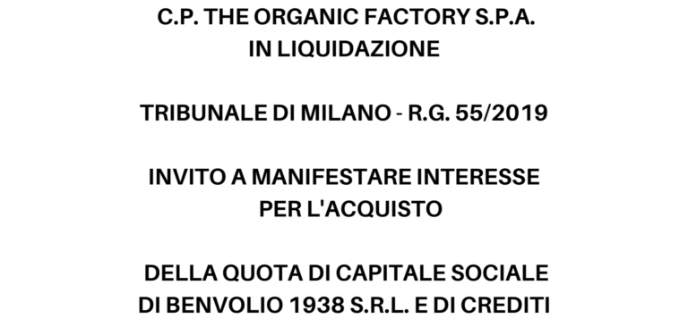 INVITO A MANIFESTARE INTERESSE PER L’ACQUISTO DELLA QUOTA DI CAPITALE SOCIALE DI BENVOLIO 1938 S.R.L. E DI CREDITI