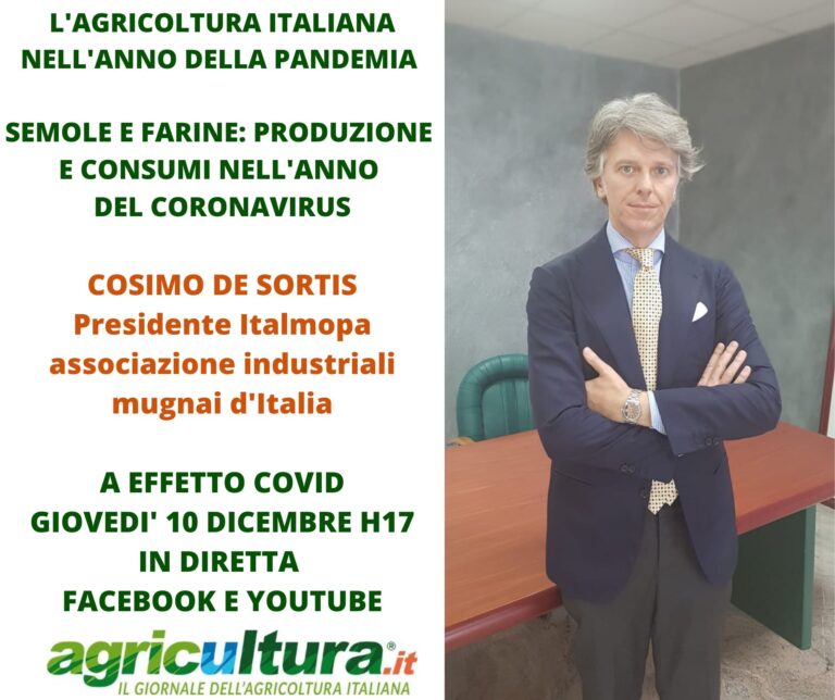 A Effetto Covid mercato e produzione di semole e farine nell’anno della pandemia. Giovedì 10 dicembre ore 17 diretta Facebook con De Sortis presidente Italmopa