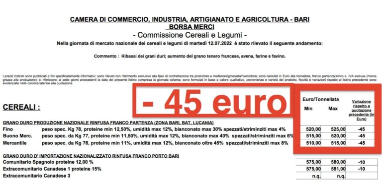 Grano duro, crollano le quotazioni. Ribasso di 45 euro a tonnellata, 40 per il biologico