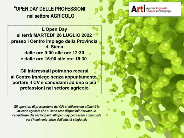 Cerchi lavoro in agricoltura? A Siena open day martedì 26 luglio per trovare un impiego