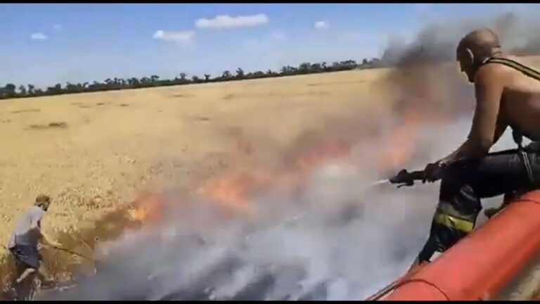 Guerra in Ucraina. Campi di grano incendiati da russi: agricoltori ucraini lottano contro fiamme durante la trebbiatura – VIDEO