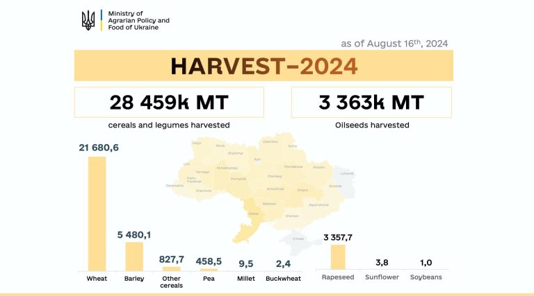 L’Ucraina ha già raccolto più di 31,9 milioni di tonnellate di cereali e semi oleosi