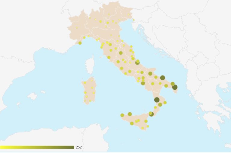 La mappa dei frantoi attivi in Italia. Prima provincia è Cosenza, seguita da Lecce e Bari